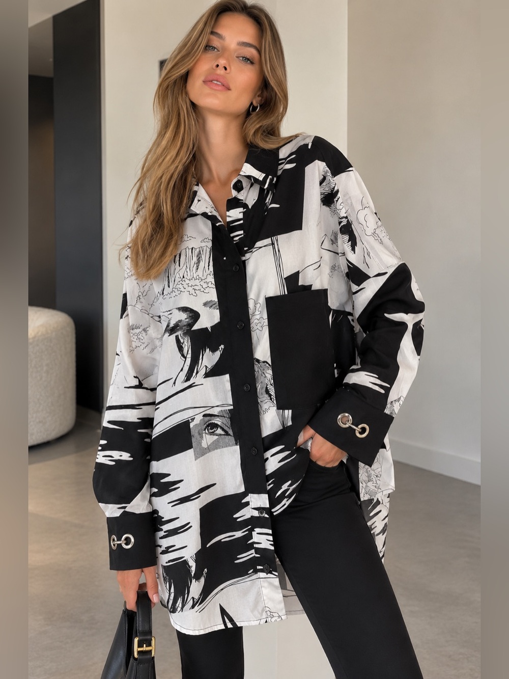 Oversized Black & White Graphic Button-Up Shirt